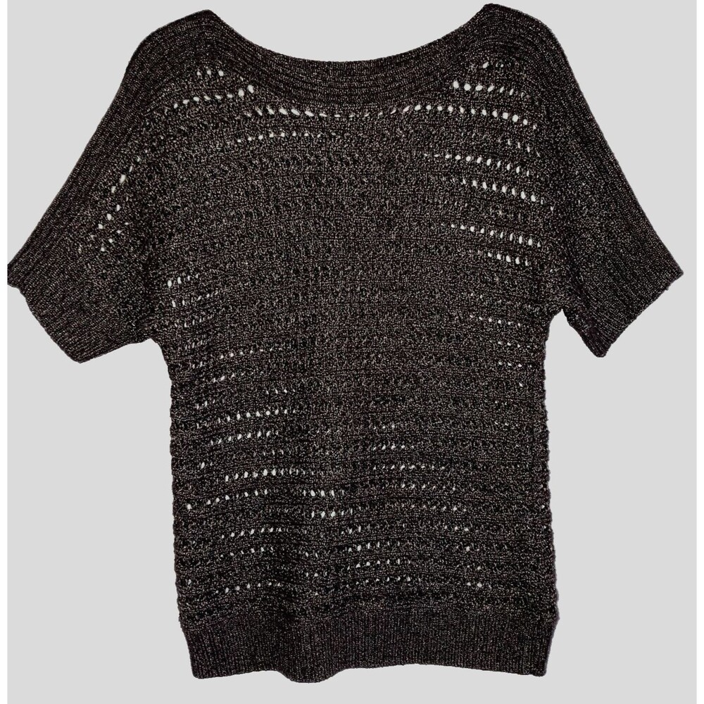 CHICO'S sz M / sz 1 Open Knit Umber Gold Sparkly Top Boat Neck Raglan Sleeve